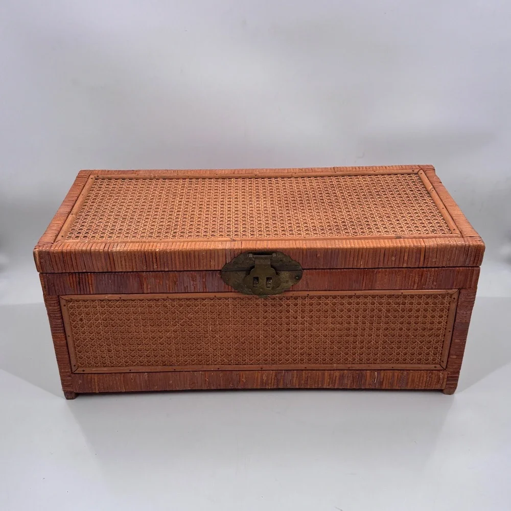 Vintage Chinese Cane & Rattan Storage Trunk Brass Hardware 27
